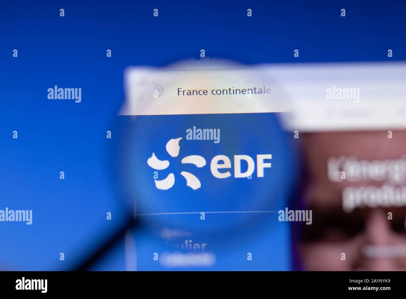 Saint-Petersburg, Russia - 18 February 2020: Electricite de France EDF company website page logo on laptop display. Screen with icon, Illustrative Stock Photo