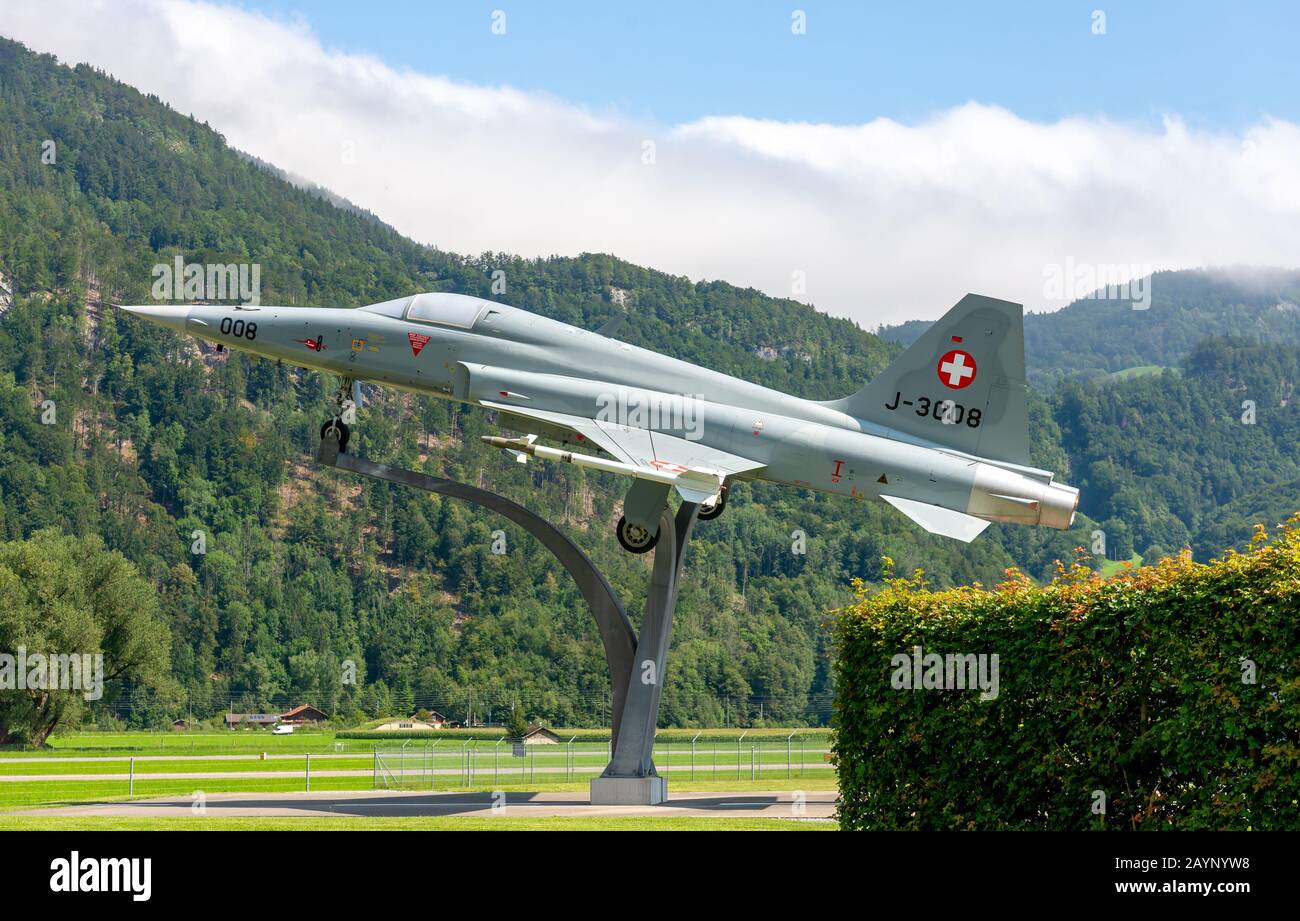 Meiringen Air Base, under the Reichenbachfalle, a scene military base of the Swiss Air Force with a public road crossing the runway. Stock Photo
