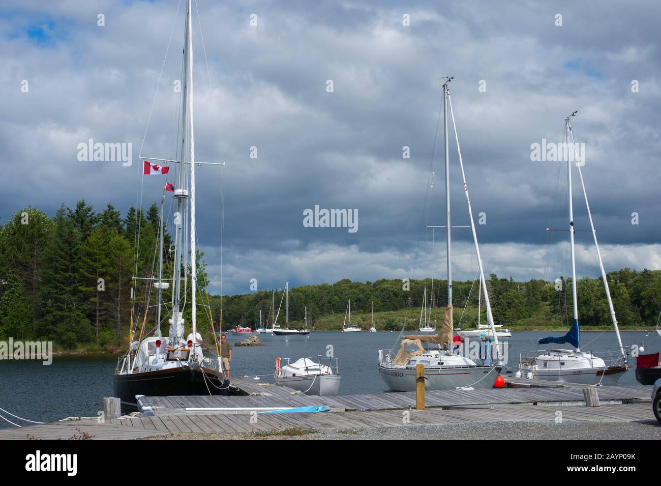 Marina with boats in Baddeck on Bras d'Or Lake, Nova Scotia, Canada