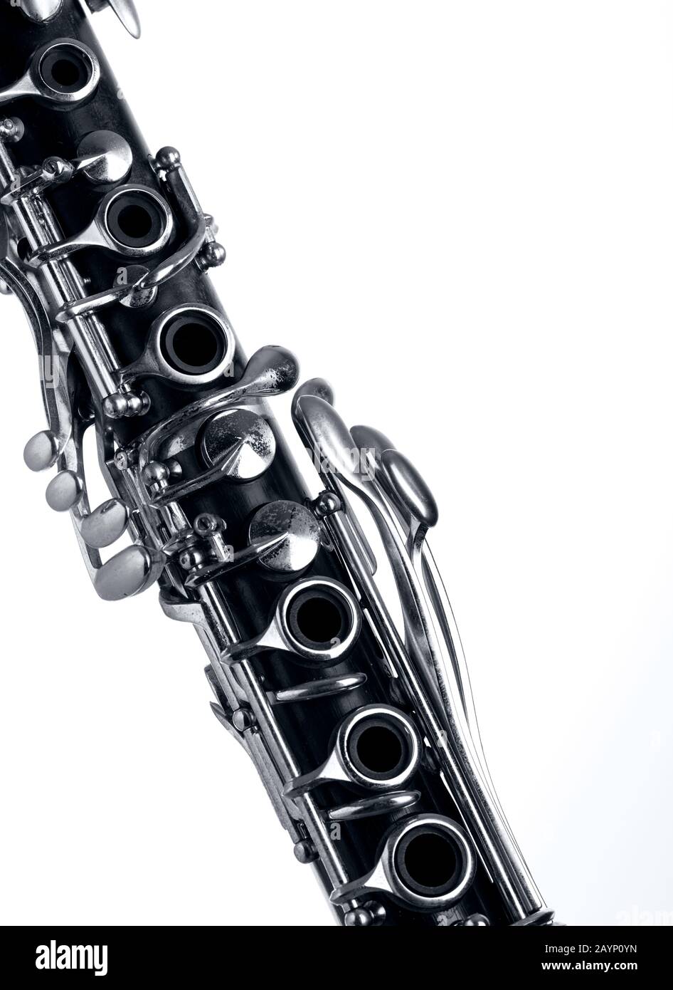 part of the old clarinet body, with the silver mechanisms on the wood. white background and free space for text Stock Photo