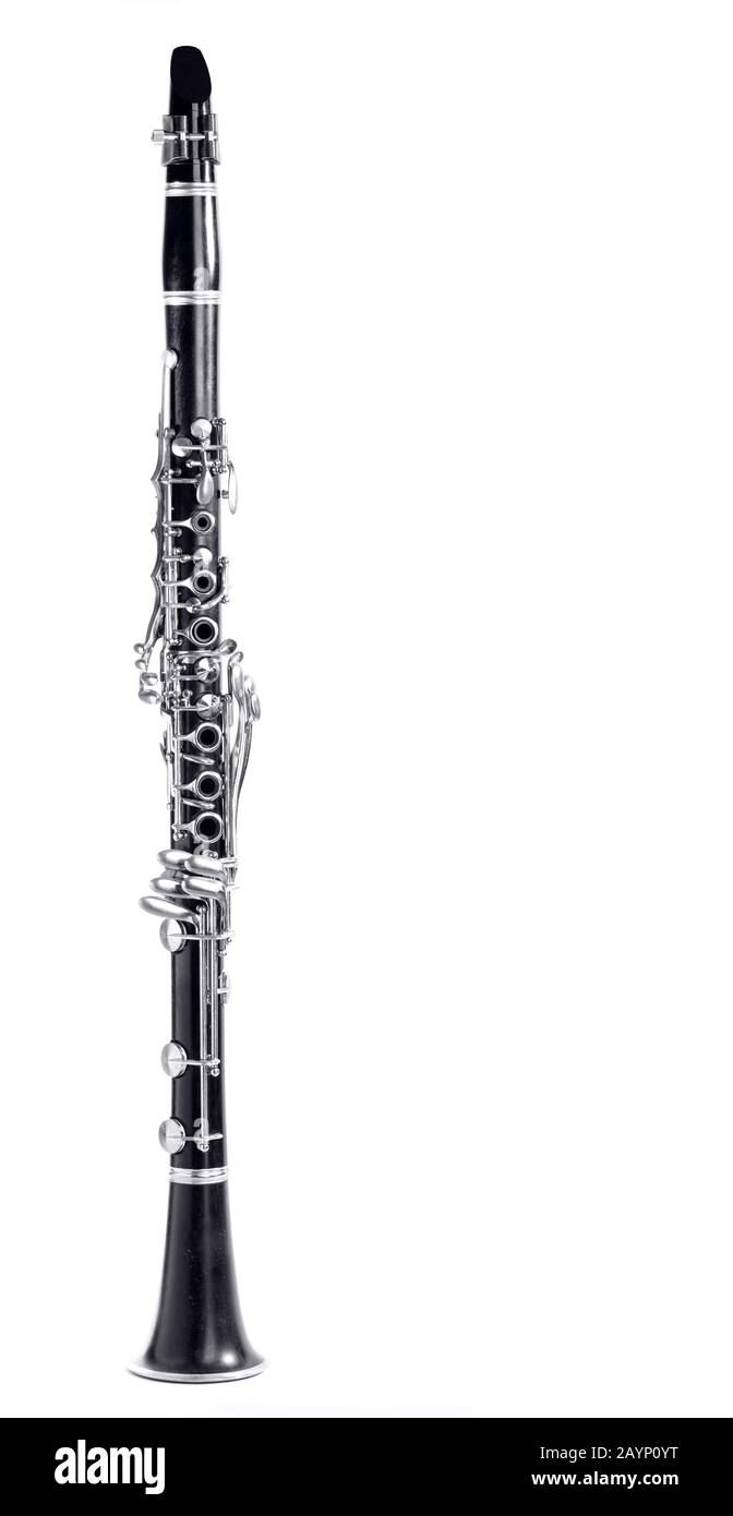 old clarinet body, with the silver mechanisms on the black wood. white background and free space for text Stock Photo