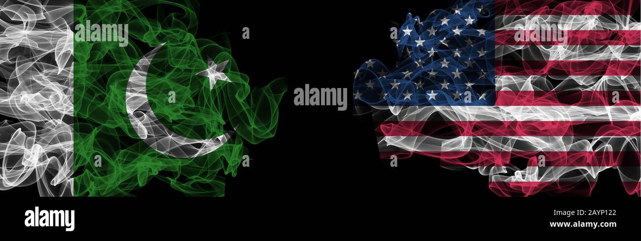 Flags of Pakistan and USA on Black background, Pakistan vs USA Smoke Flags Stock Photo