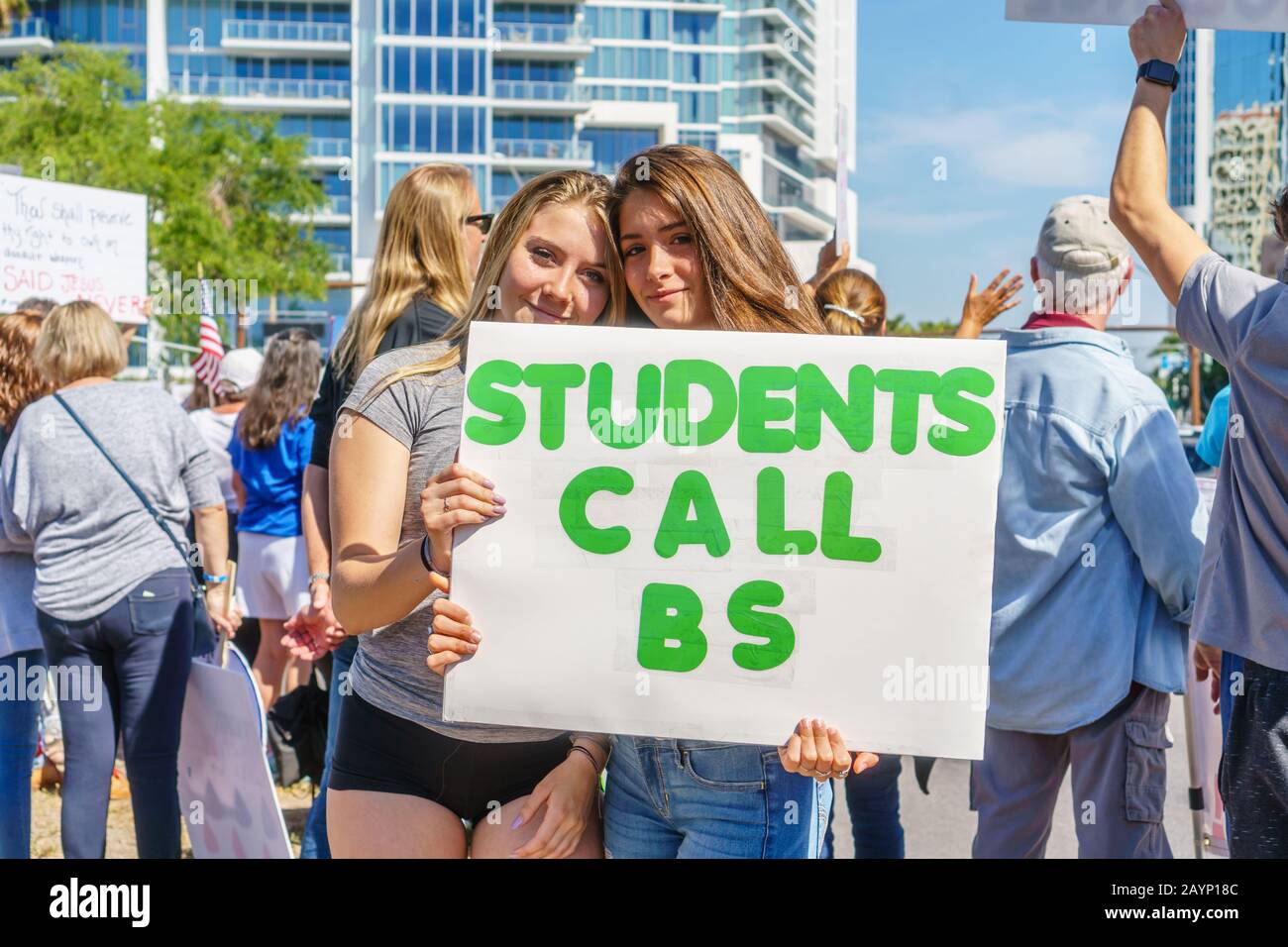 March 24, 2018/Sarasota,FL, USA-Teenage girls holds sign reading Students Call BS at anti-gun protest march after school shooting in Parkland. Stock Photo