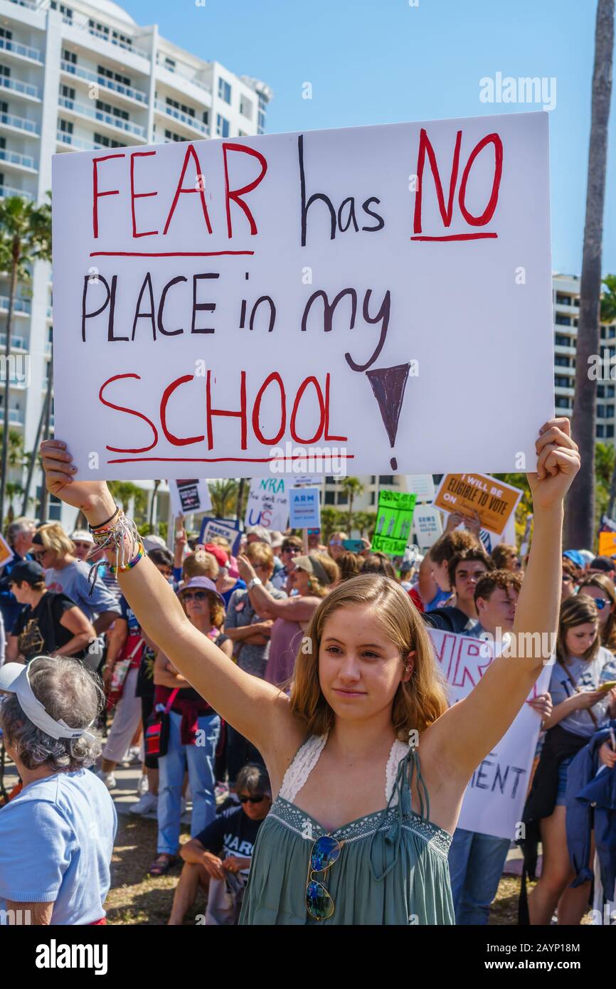 March 24, 2018/Sarasota,FL, USA-Teenage girl holds sign reading Fear Has No Place in my School at anti-gun protest march after Parkland. Stock Photo