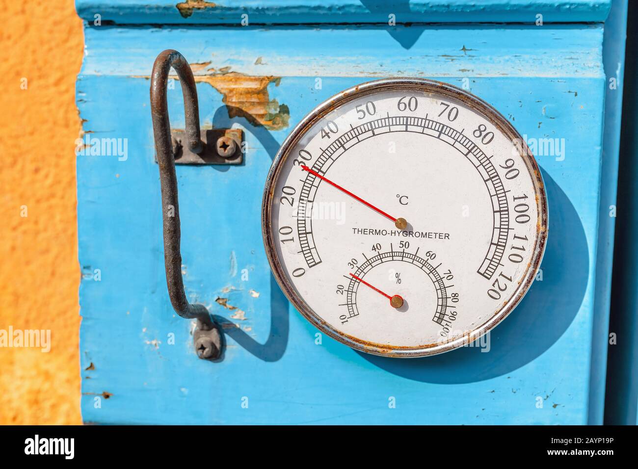 Barometer, Thermometer and Hygrometer outdoors. Sea weather concept