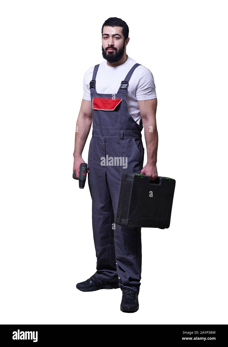 smiling worker with red drill on white background Stock Photo