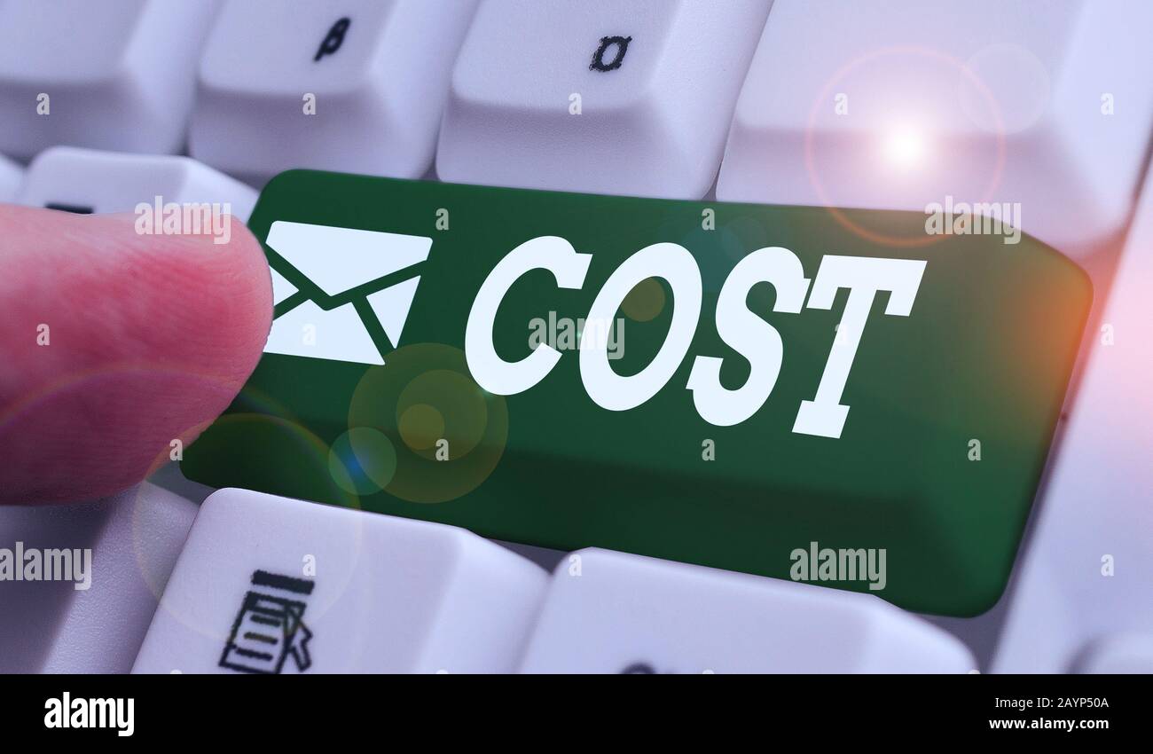 Writing note showing Cost. Business concept for The amount that usualy paid for a item you buy or hiring a demonstrating Stock Photo