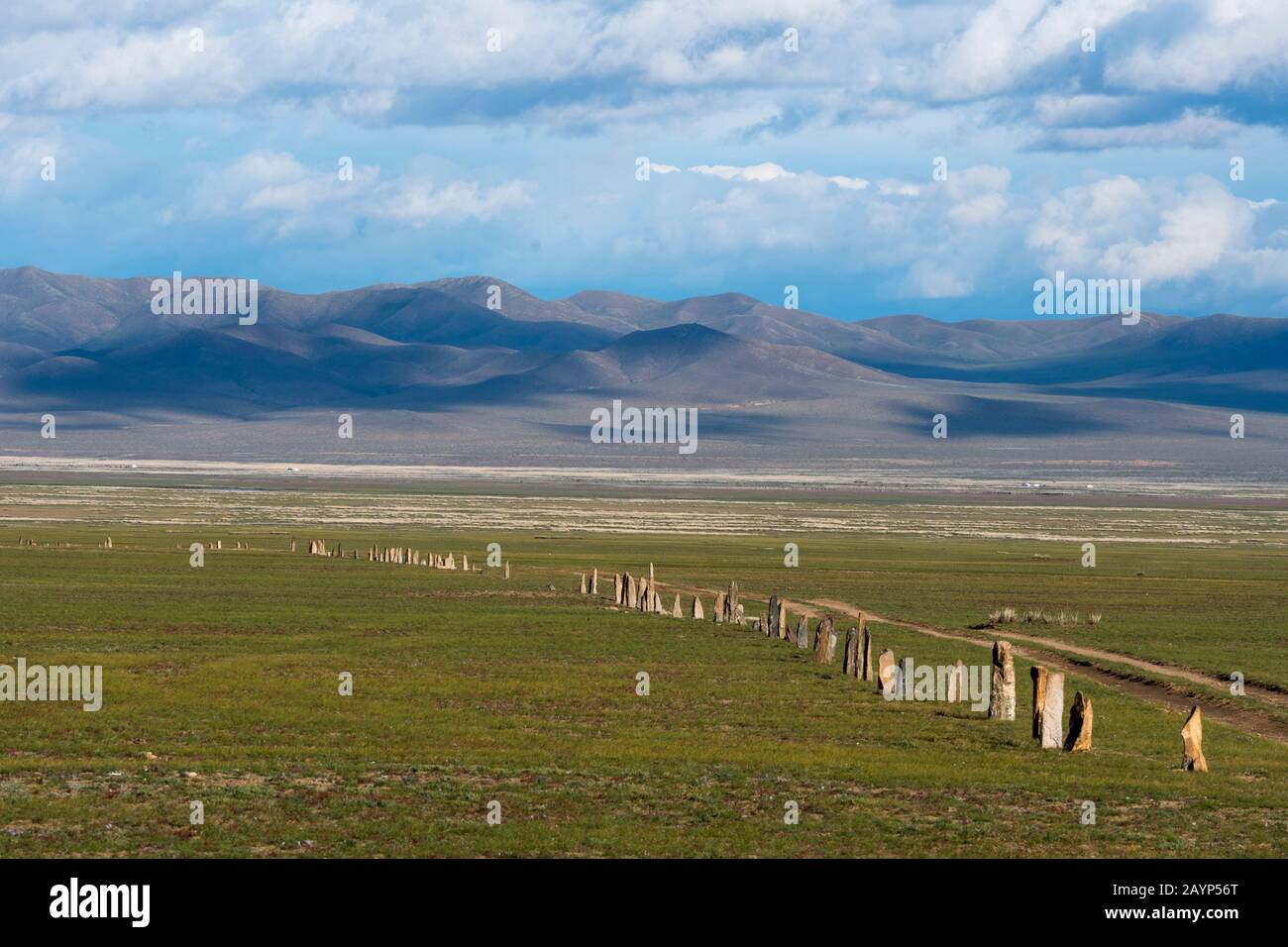 The Ungut complex, a Turkik monument ensemble consisting of man stones and numerous tombs from the 6-8th centuries AD, in Hustain Nuruu National Park, Stock Photo