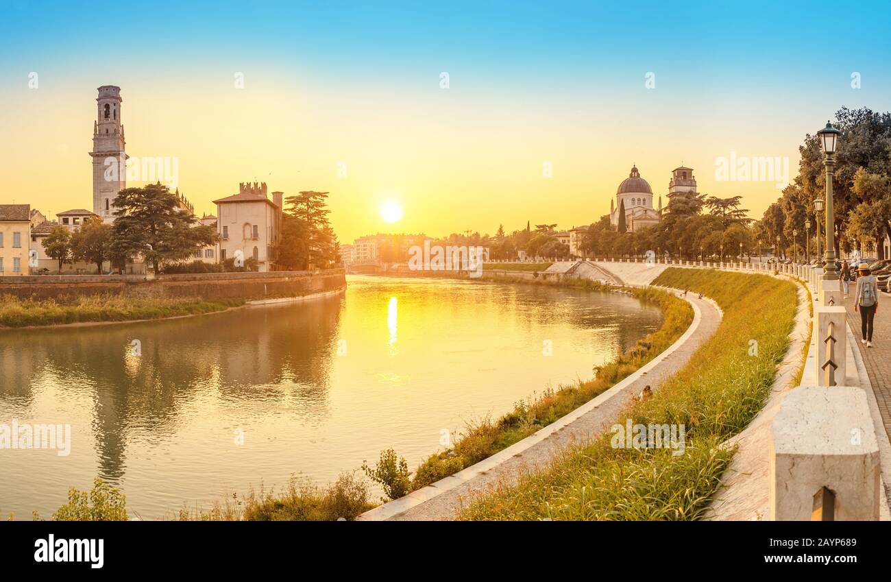 Panoramic cityscape view of Verona old town and bridge over Adige river ...
