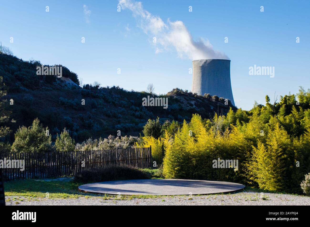 A geothermal power station chimney in Sasso Pisano, Tuscany Italy Stock Photo