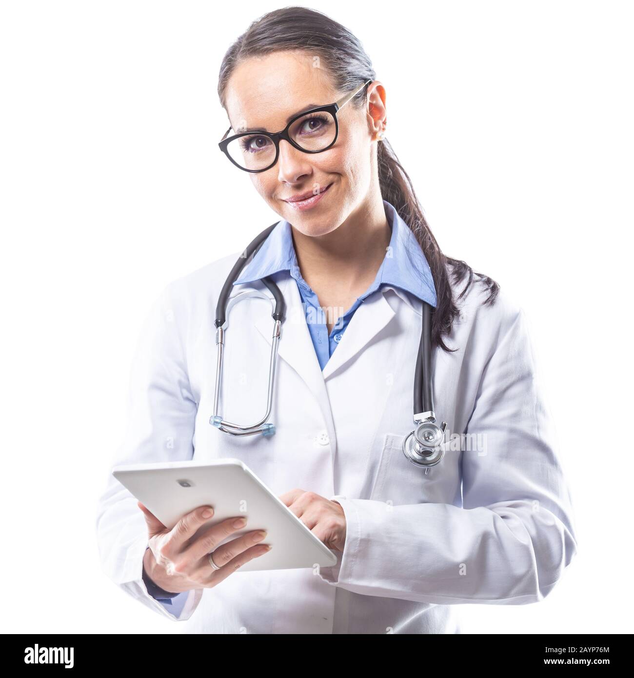 Medical doctor woman using tablet pc isolated on white. Stock Photo