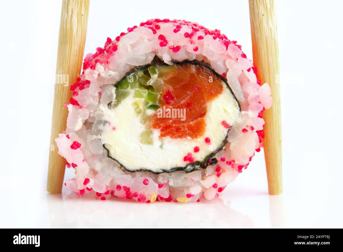 Sushi roll with salmon isolated on white Stock Photo