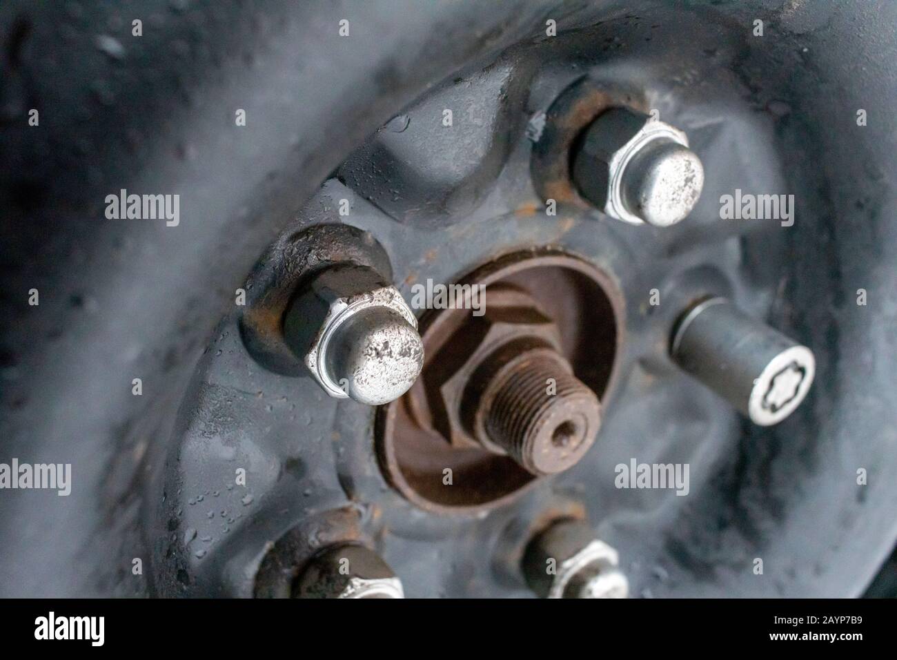 Simple black metal wheels of an automobile are seen up close with lug nuts holding them onto the vehicle. The inexpensive rims are used for snow tires Stock Photo
