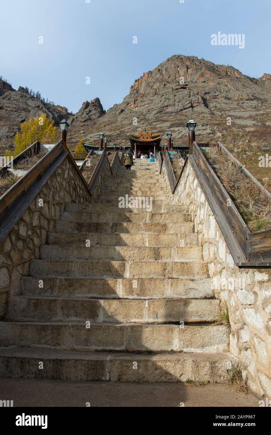 108 (108 is a sacred number in Buddhism) stone steps leading to the Ariyabal Meditation temple in Gorkhi Terelj National Park which is 60 km from Ulaa Stock Photo