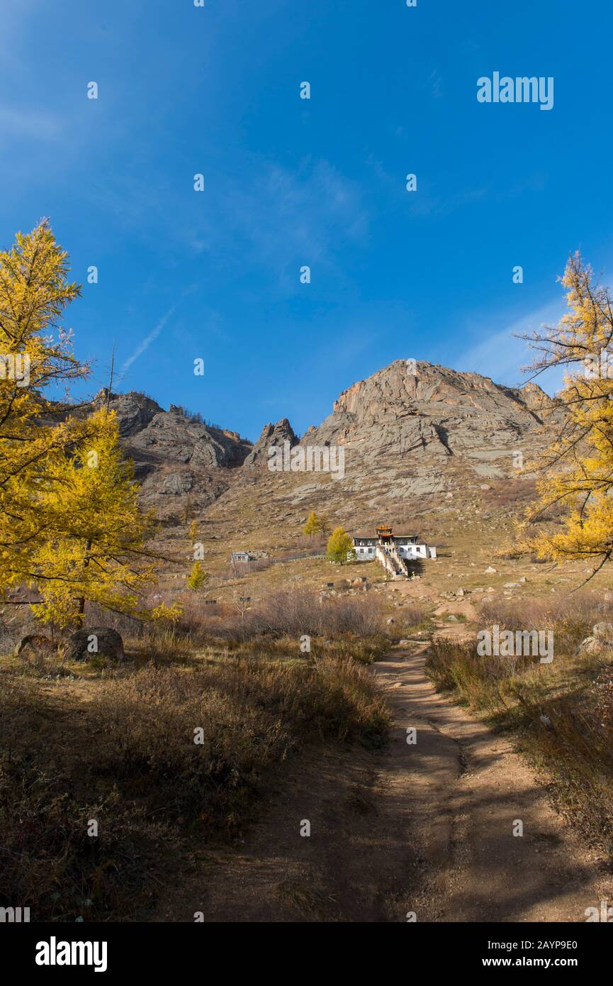 View of the Ariyabal Meditation temple in Gorkhi Terelj National Park which is 60 km from Ulaanbaatar, Mongolia. Stock Photo