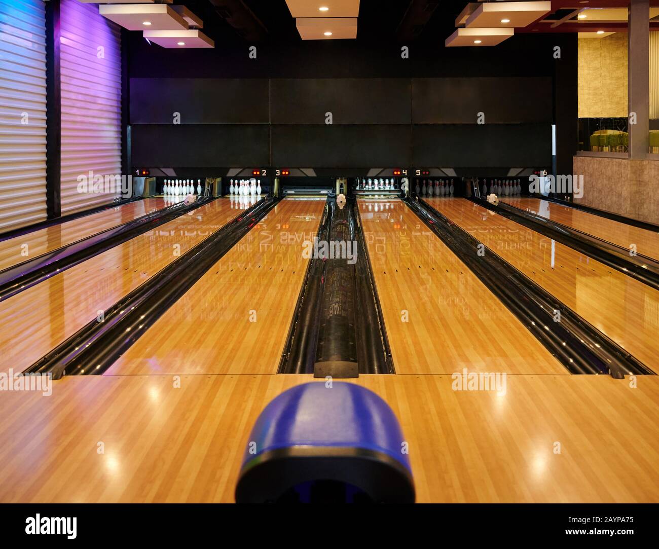 Bowling lanes in club. Empty bowling alley front view Stock Photo