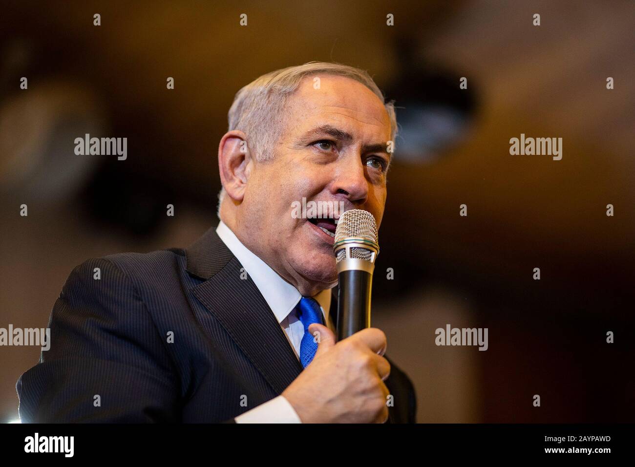 Jerusalem. 16th Feb, 2020. Israeli Prime minister Benjamin Netanyahu speaks during the Conference of Presidents of Major American Jewish Organizations (CoP). Credit: Ilia Yefimovic/dpa/Alamy Live News Stock Photo