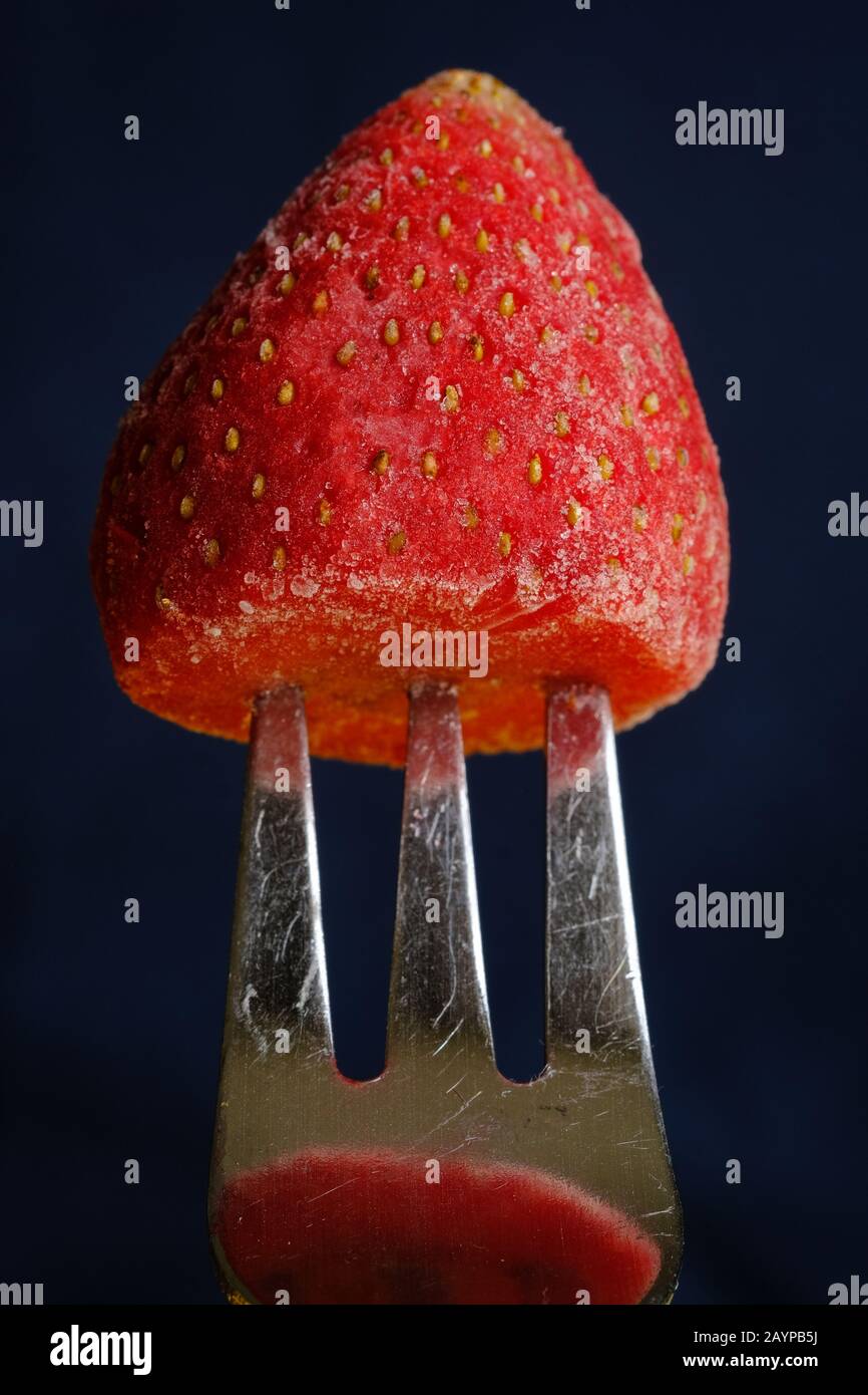 Frozen Strwberry on a fork Stock Photo