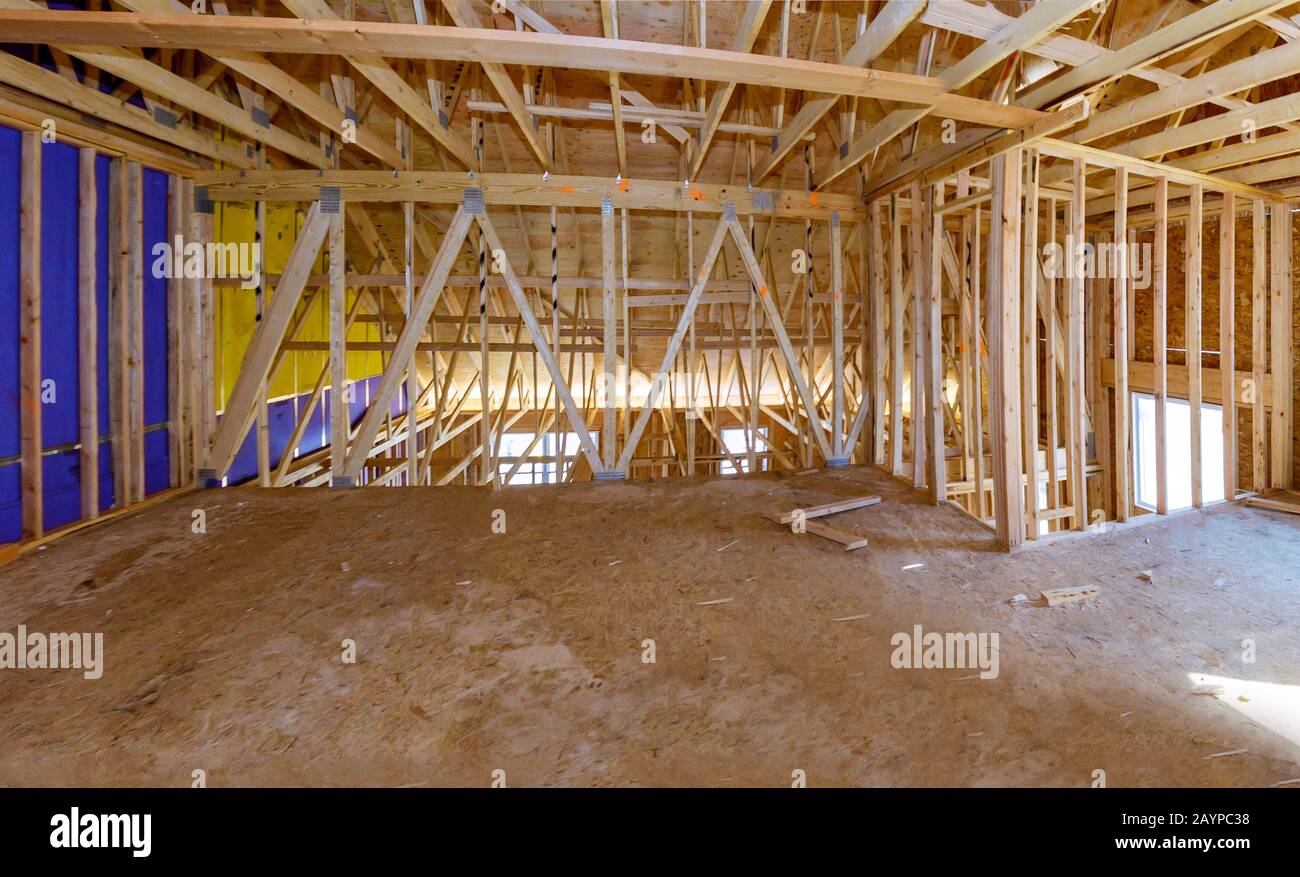 Framing beam of new house under interior of roof construction structure interior Stock Photo