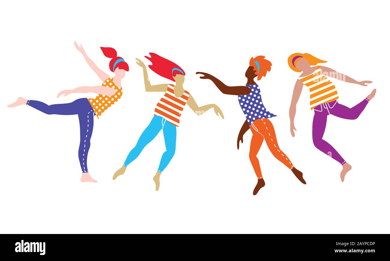 Group of young international women dancing in free spontaneous way. Flat vector illustration. Stock Vector