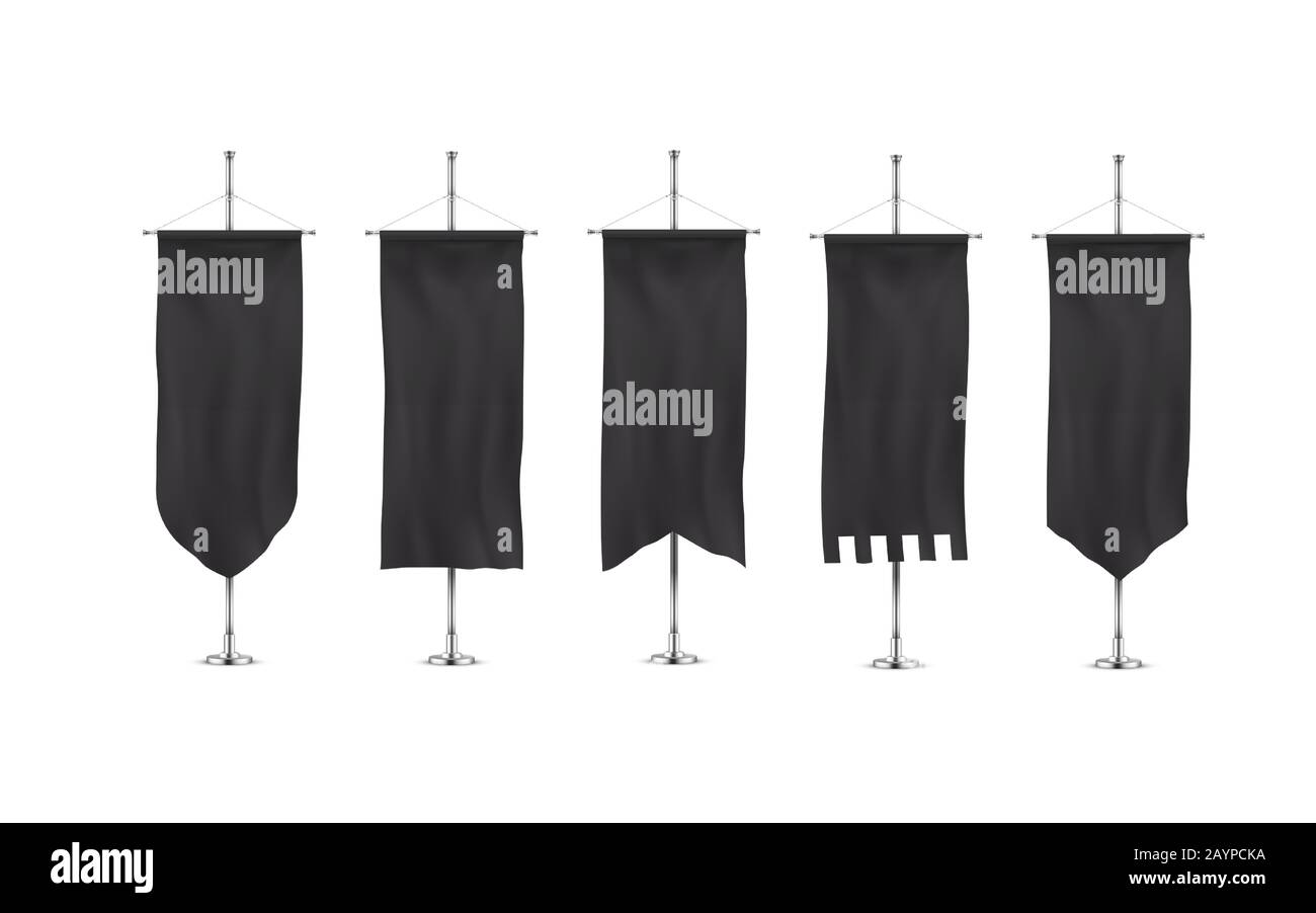 Vertically hanging banners on a metal flagpole black flags templates. Stock Vector