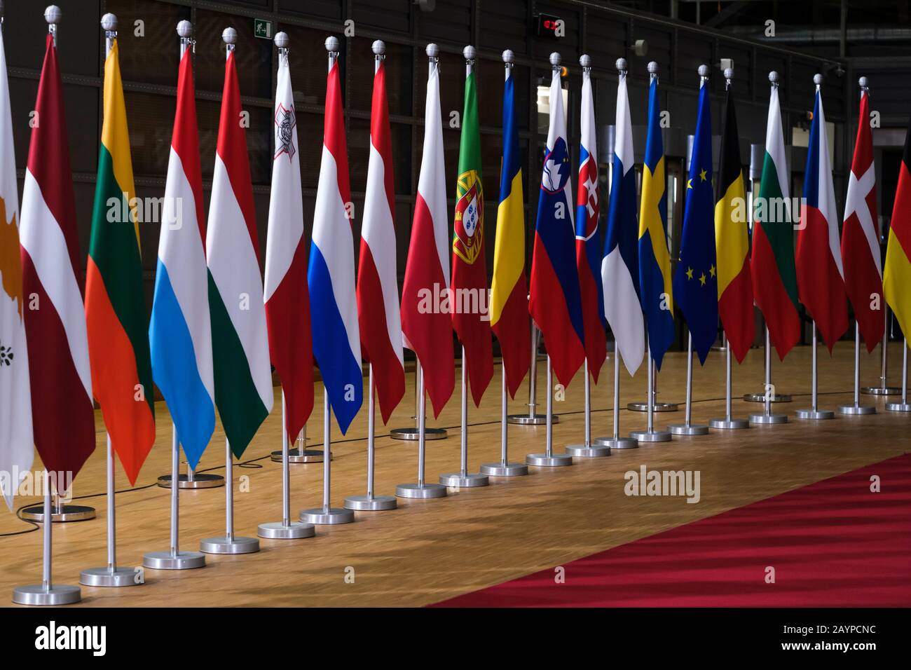 Brussels, Belgium. 16th Feb, 2020. Flags of EU countries stand at the EU headquarters Credit: ALEXANDROS MICHAILIDIS/Alamy Live News Stock Photo