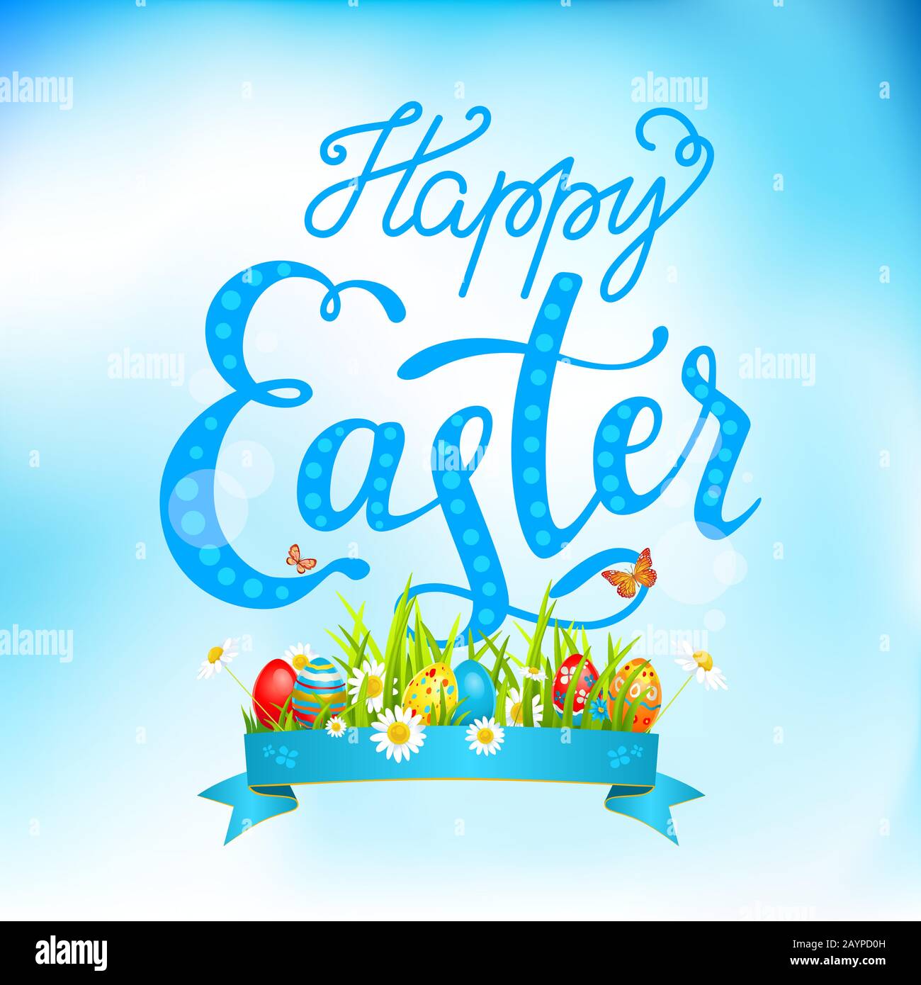 Easter eggs on a grass and lettering. Stock Vector