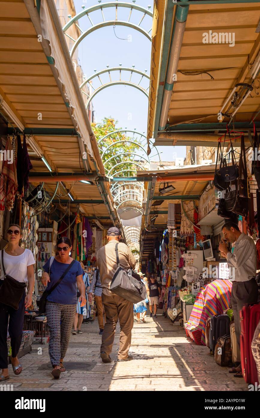 Street scenes in the old town market of Jerusalem near the Western Wall which separates the city by religion. Stock Photo