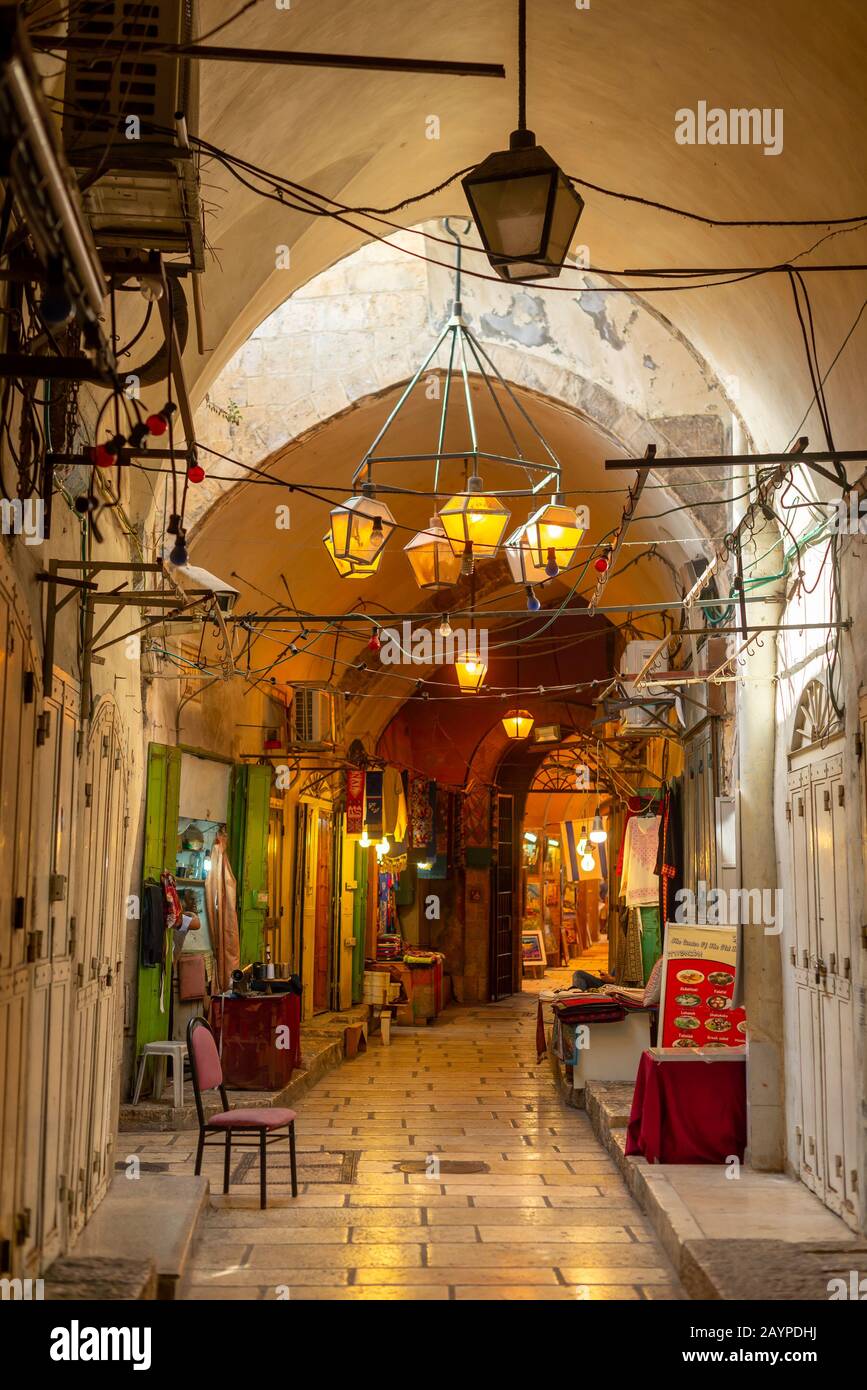 Street scenes in the old town market of Jerusalem near the Western Wall which separates the city by religion. Stock Photo