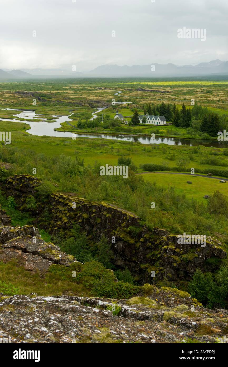 View from the overlook of Thingvellir, a site of historical, cultural, and geological 