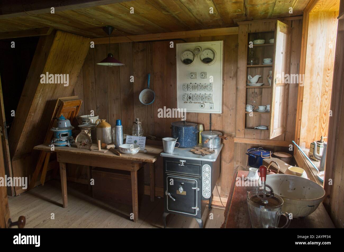 An old kitchen with early electric panel at the Skogar folk museum in southern Iceland. Stock Photo
