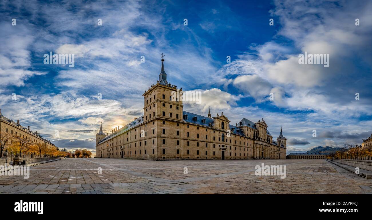Royal Monastery of San Lorenzo de El Escorial in Madrid, built in the 16th century (1563-1584)under the reign of the powerful King Philip II. Spain Stock Photo