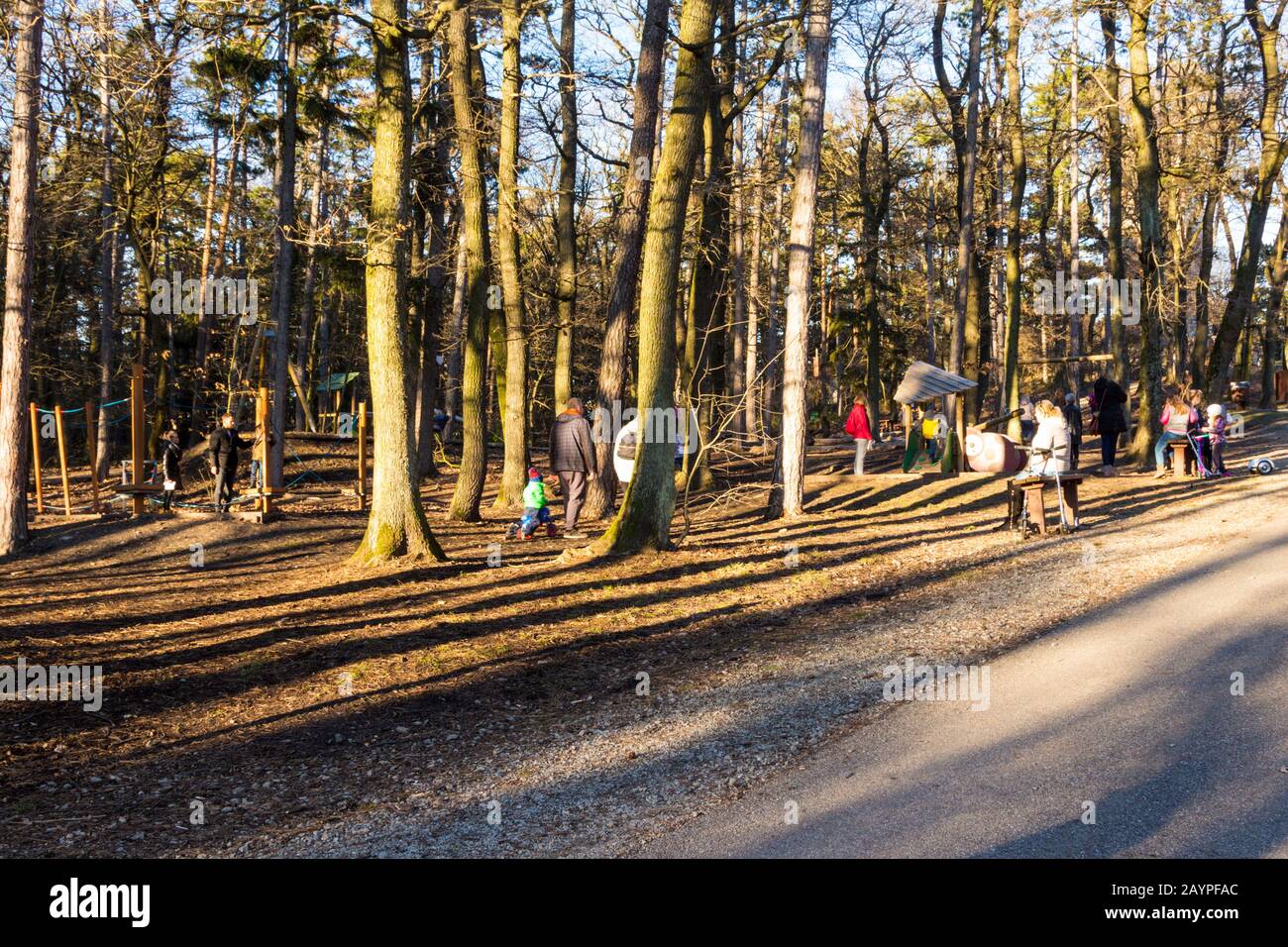 Parents people and kids children enjoying the unusual mild weather at forest playground in winter, Karoly-magaslat,  Sopron Mountains, Sopron, Hungary Stock Photo