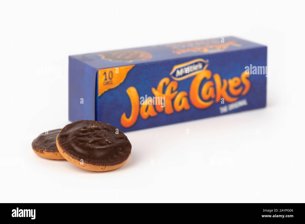 Some McVitie's Jaffa Cakes shot on a white background along with the product's box packaging. Stock Photo
