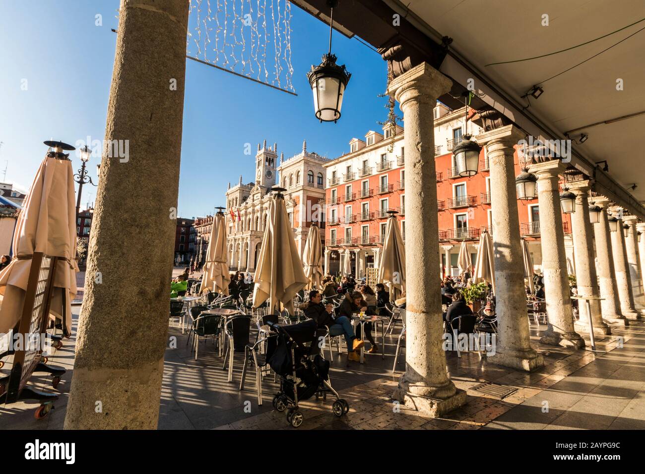 Valladolid, Spain. The Porticoes of the Plaza Mayor (Grand Market Square), first of its kind in Spain Stock Photo
