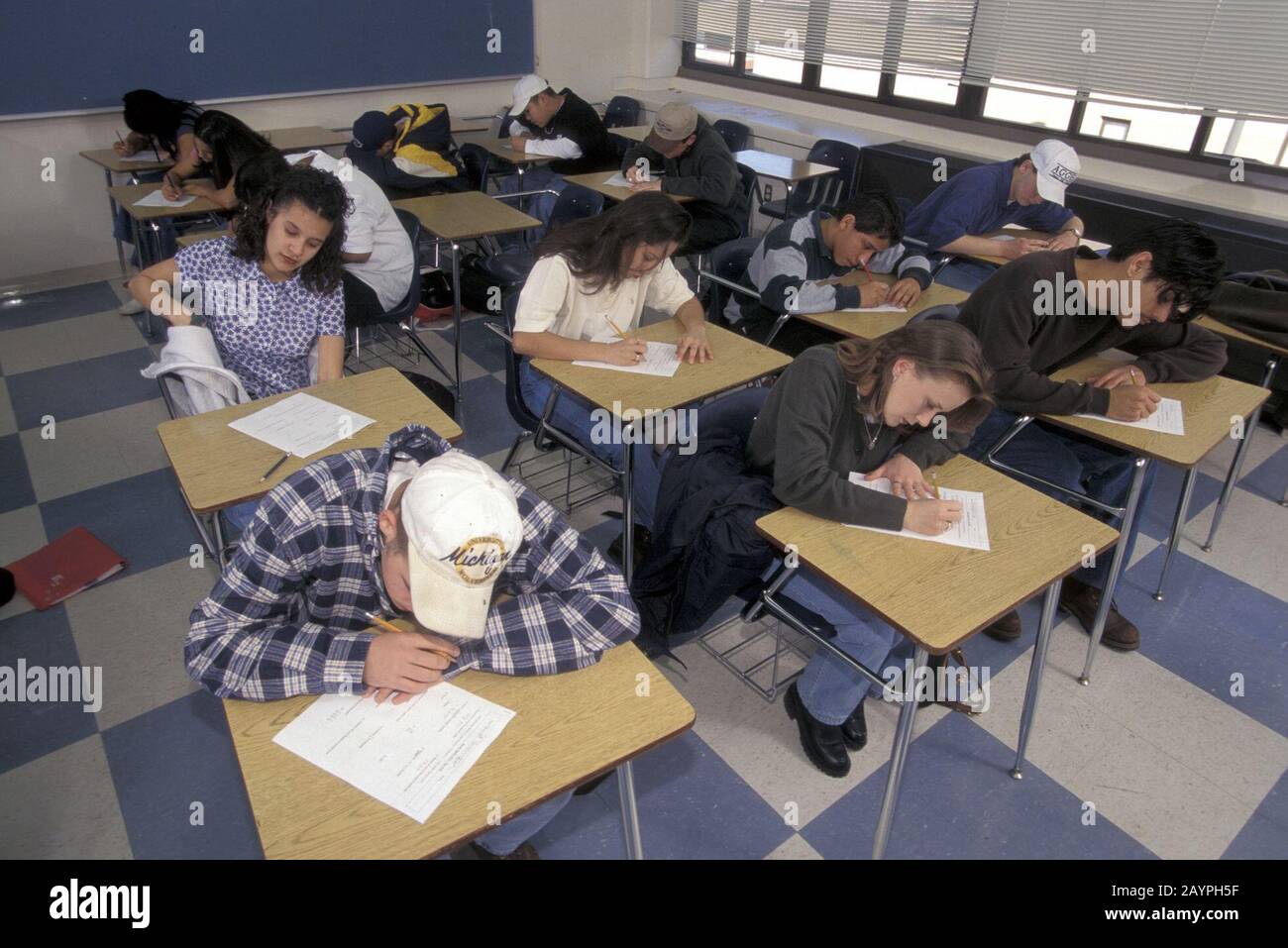 Austin, Texas: High school students take pop quiz in Algebra I class at Bowie High School. ©Bob Daemmrich Stock Photo