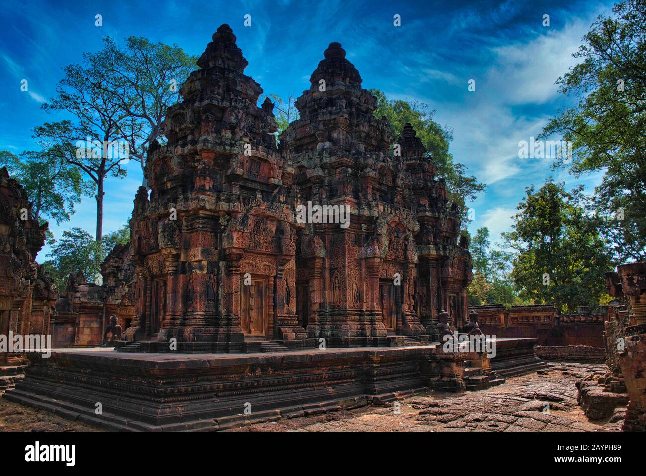 Banteay Srei or Banteay Srey Temple site among the ancient ruins of Angkor Wat Hindu temple complex in Siem Reap, Cambodia. The Temple is dedicated to Stock Photo