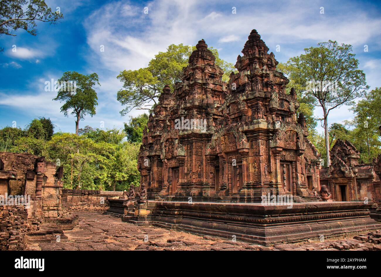 Banteay Srei or Banteay Srey Temple site among the ancient ruins of Angkor Wat Hindu temple complex in Siem Reap, Cambodia. The Temple is dedicated to Stock Photo
