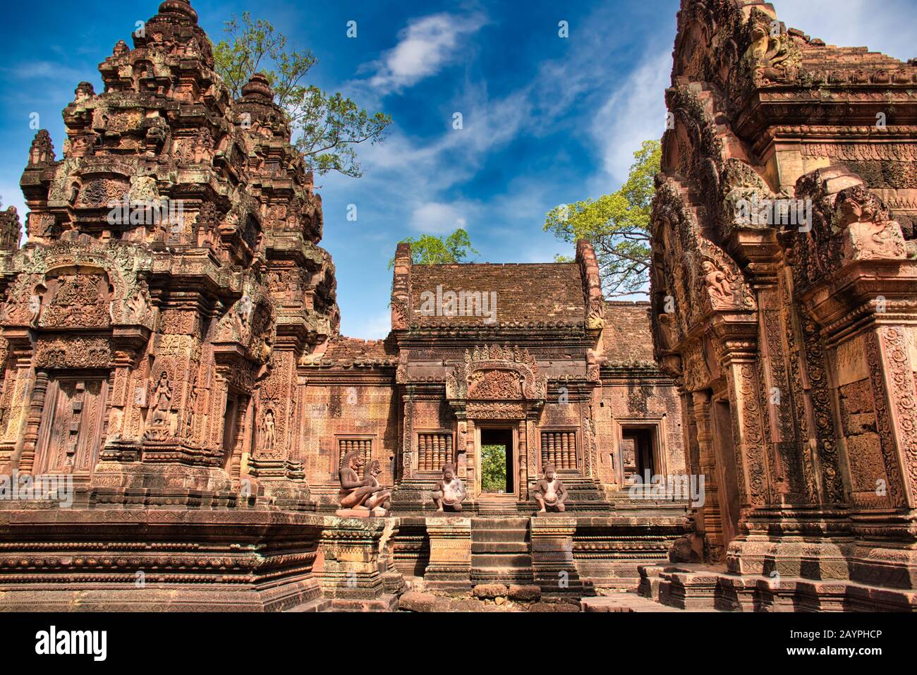 Banteay Srei or Banteay Srey Temple site among the ancient ruins of Angkor Wat Hindu temple complex in Siem Reap, Cambodia. The Temple is dedicated to Stock Photo