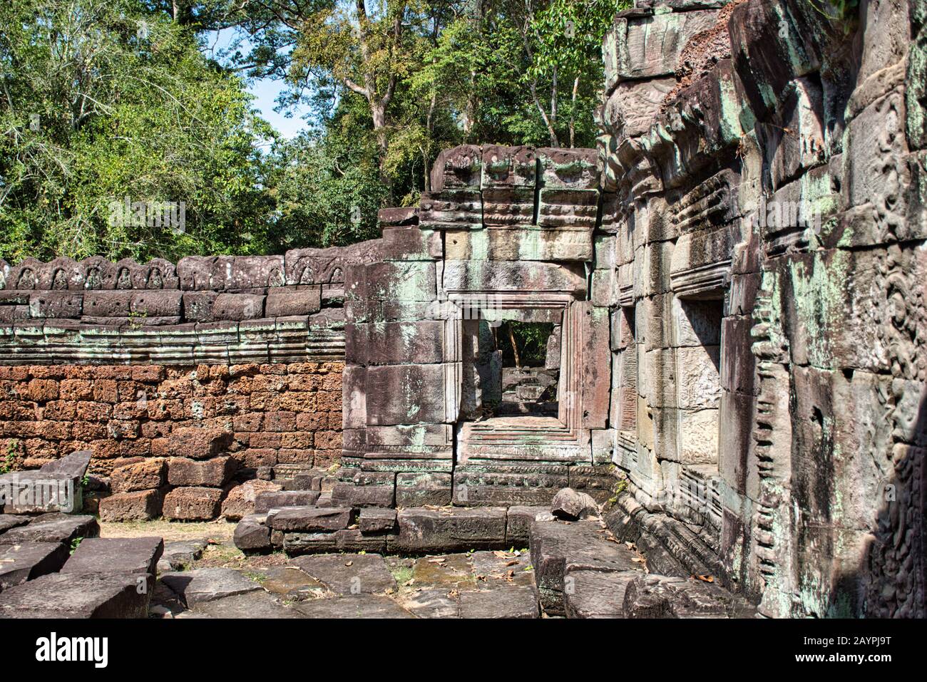 Preah Khan Temple site among the ancient ruins of Angkor Wat Hindu temple complex in Siem Reap, Cambodia, built in the 12th century for King Jayavarma Stock Photo
