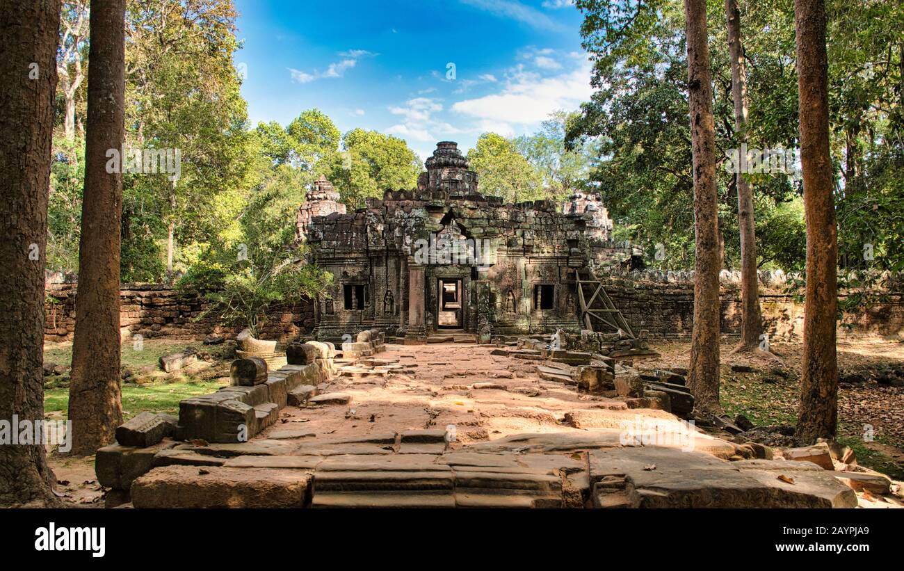 Preah Khan Temple site among the ancient ruins of Angkor Wat Hindu temple complex in Siem Reap, Cambodia, built in the 12th century for King Jayavarma Stock Photo