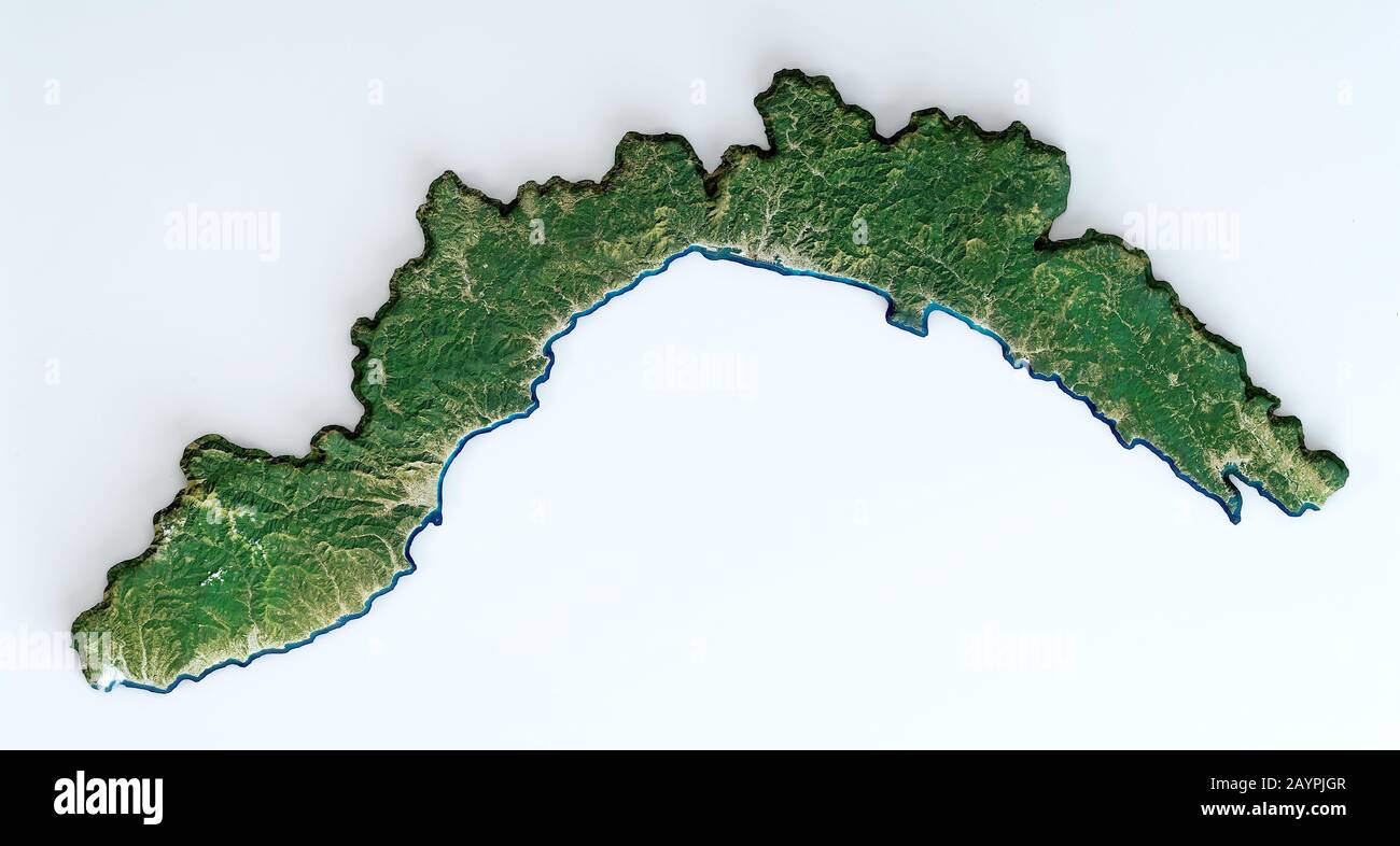 Satellite view of the Liguria region. Italy. 3d render. Physical map of Liguria, plains, mountains, lakes, mountain range of the Alps Stock Photo