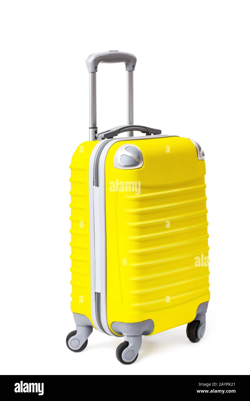 Modern yellow suitcase isolated on white. Travel baggage and tourism
