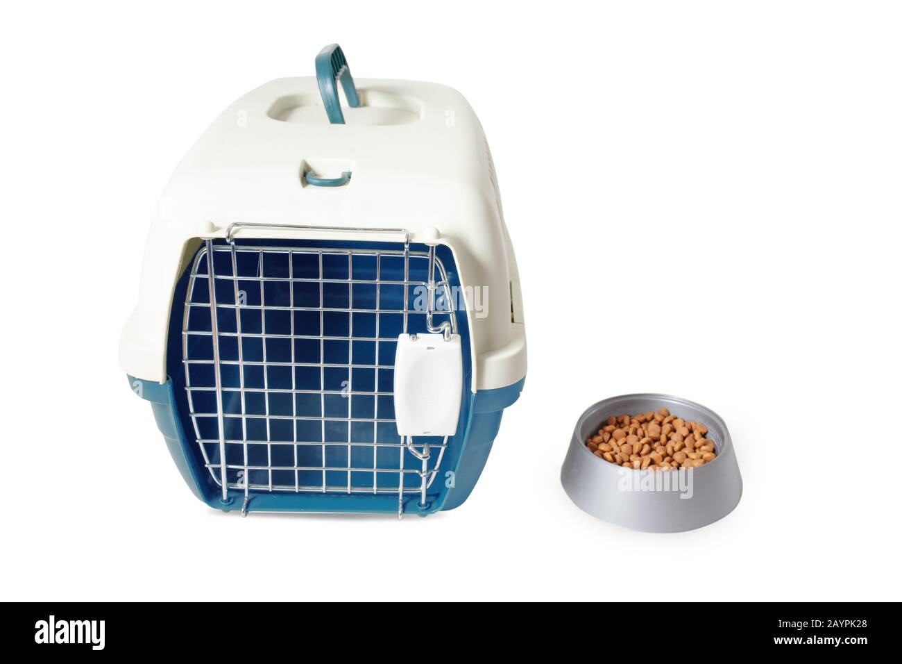 Plastic carrier and food bowl for dogs and cats isolated on white. Diet