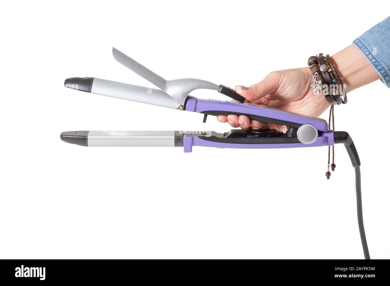 Coiffure curling iron device in hand isolated on white background