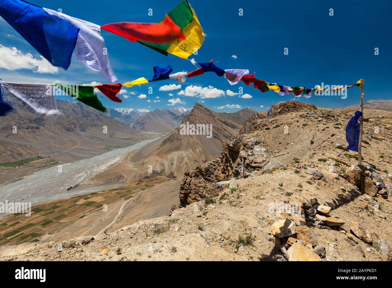 Buddhist prayer flags lungta with "Om mani padme hum..." mantra written