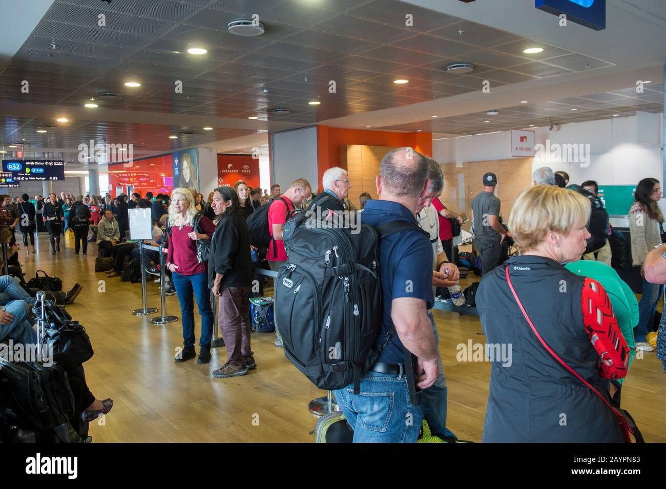 Long lines at the gates of Keflavik International Airport, also known as Reykjavik-Keflavik Airport in Iceland. Stock Photo