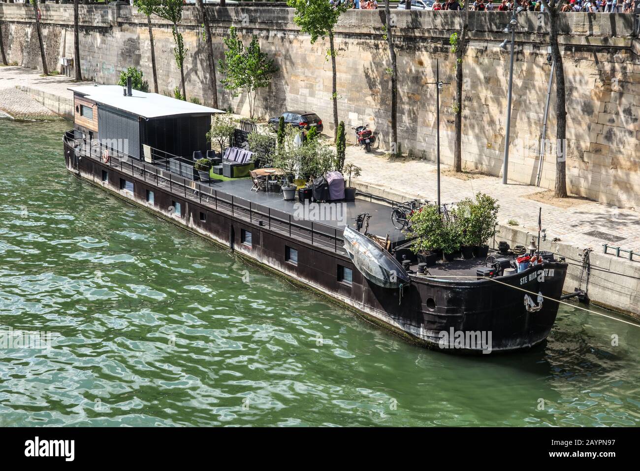 House boat barge in Paris, France, Europe Stock Photo