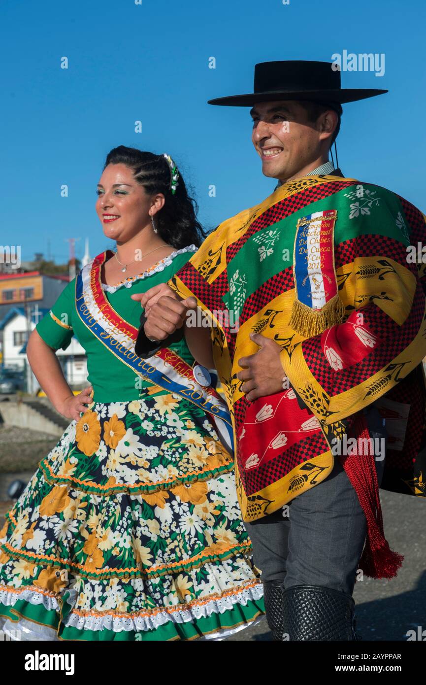 The National Champions in the Cueca dance in traditional costumes at the  port of Ancud on Chiloe Island, Chile Stock Photo - Alamy