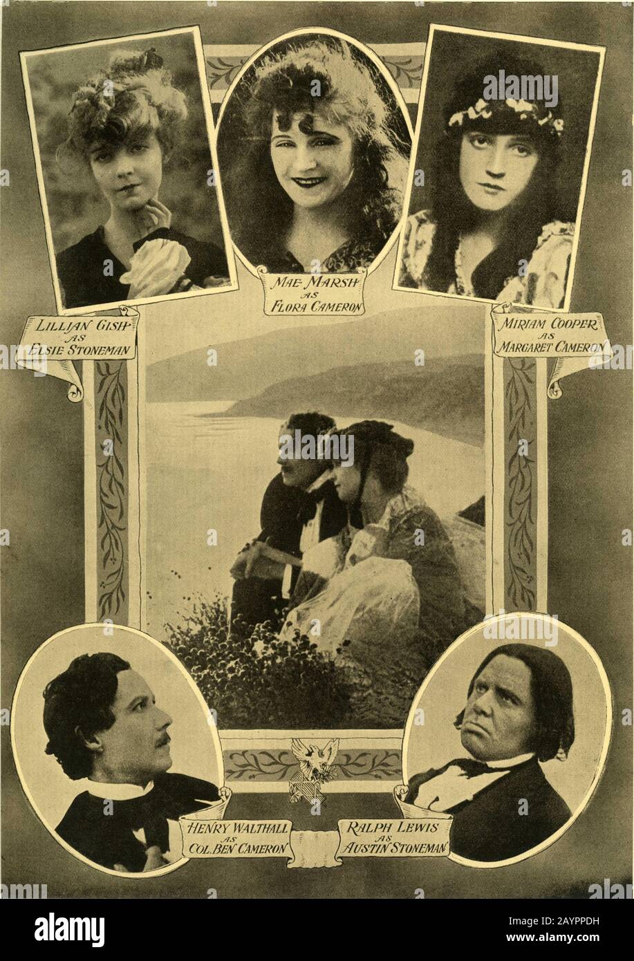 LILLIAN GISH as Elsie Stoneman MAE MARSH as Flora Cameron MIRIAM COOPER as Margaret Cameron HENRY B. WALTHALL as Colonel Ben Cameron aka The Little Colonel and RALPH LEWIS as Austin Stoneman in THE BIRTH OF A NATION 1915 director D. W. GRIFFITH novel / play The Clansman by Thomas Dixon Jr David W. Griffith Corp. / Epoch Producing Corporation Stock Photo